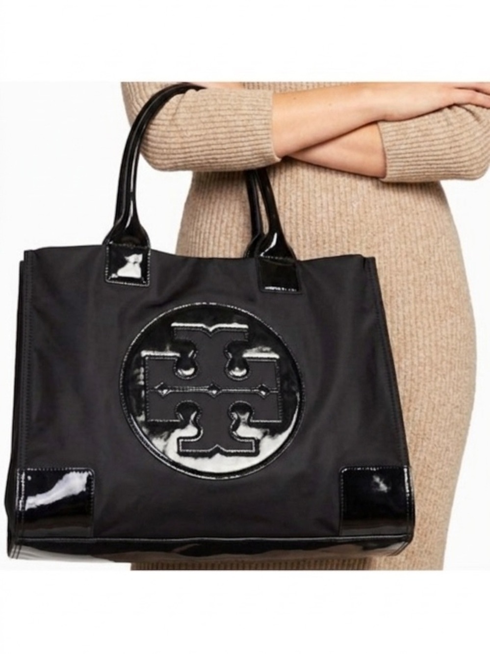 Tory Burch Ella Patent Leather Large Nylon Tote Bag Black Expandable Logo Pocket